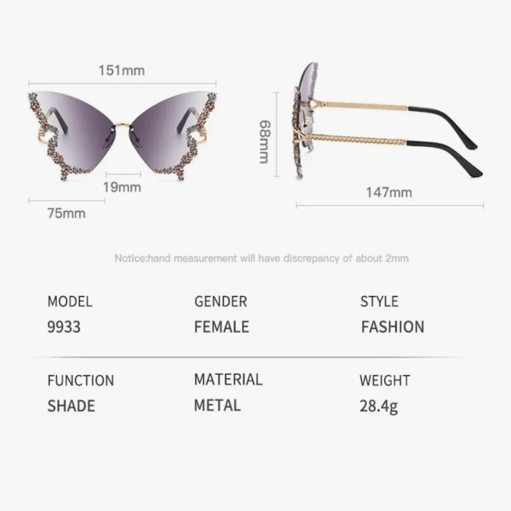 🆕 Crystal-Trim Butterfly Rimless Sunglasses - Rose & Gold